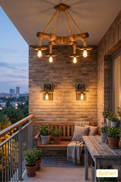 Eyzhen El Yapımı Ahşap 4 lü Halatlı Avize ve 2’li Duvar Aplik Balkon Seti Boh...
