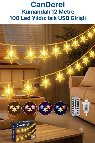 Canderel Kumandalı 12 Metre 100 Led Yıldız Usbli Sarı Işık 8 Modlu Ev Bahçe B...