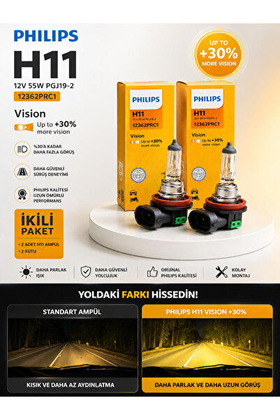 Philips H11 Vision %30 Daha Fazla Işık Far Ampulü 12V 55W Orijinal 2 Adet Ayr...