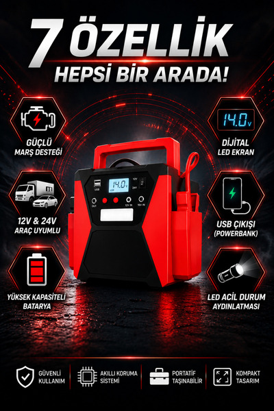 Merwish Akü Takviye Cihazı 12V/24V 3000A Araç Marş Basma Powerbank LED Fener ...
