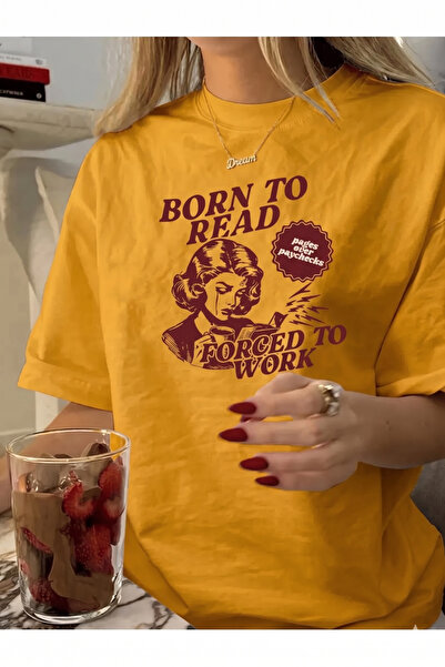 Oldeys Y2k HARDAL SARI Born to Reat Baskılı Oversize T-Shirt