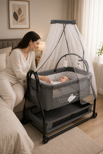 YOGNETIC Anne Yanı Sallanabilir Bebek Beşiği | Katlanabilir, Cibinlikli, Teke...