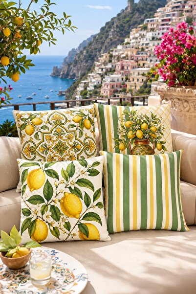 EVPANYA Yeşil Limon Damask Desenli 4'Lü Kırlent Kılıfı Seti