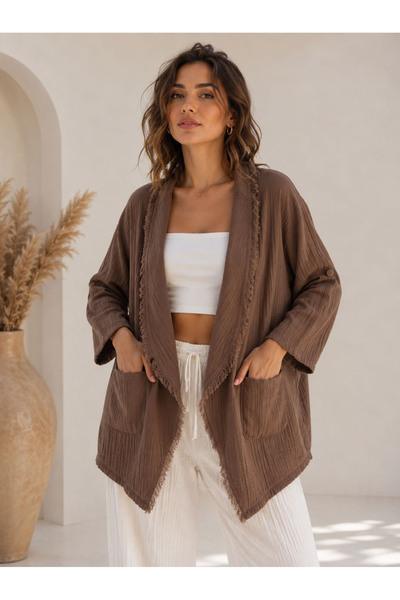 cesita Women's 100% Cotton Brown Fringed Foldable Sleeve Summer Muslin Jacket...