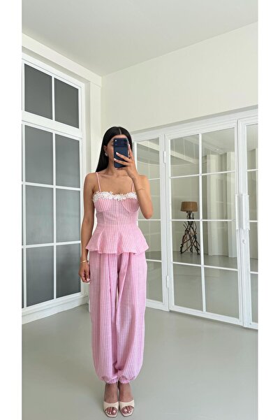 GAUS CO Pembe Keten Ayarlanabilir Askılı Pedli Crop Beli Lastikli Pantolon Çi...
