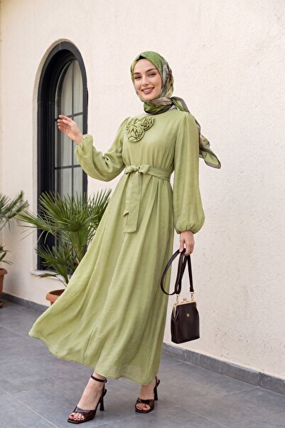 Modamorfo Brooch Detailed Belted Lined Balloon Sleeve Tulle Voile Dress - Oli...