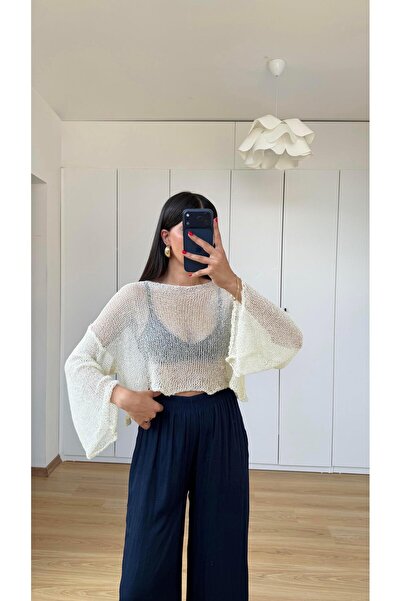 GAUS CO Ekru Simli Parlak Crop Bluz GAUS-01595