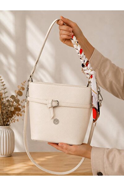 chocolatebag Women's Box Model Fular Detail Double Strap Crossbody Bag Cream