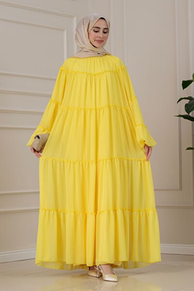Sevitli Magnolia Chiffon Dress with Peacock Motif-Yellow