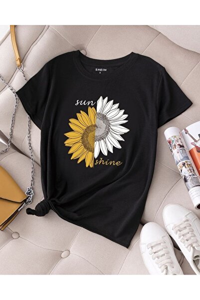 TİMİSİVA Unisex Oversized Printed Crew Neck Short Sleeve Black T-Shirt