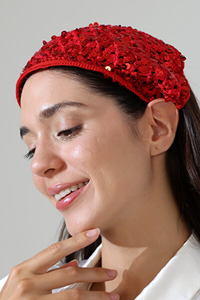 FATMA PULLU İP Red Sequined Hand Knitted Triangle Bandana – Handmade Hair Band