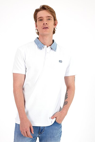 VENA Men's Marco Regular Fit Jean Collar Detailed Pique T-Shirt - White