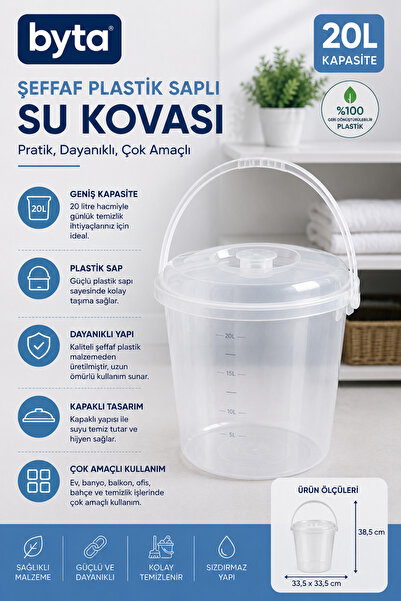 BYTA 20 Liter Transparent Plastic Water Bucket with Lid |   Durable Multi-Pur...