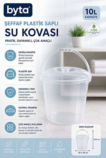 BYTA 10 Liter Transparent Plastic Water Bucket with Lid |   Durable Multi-Pur...