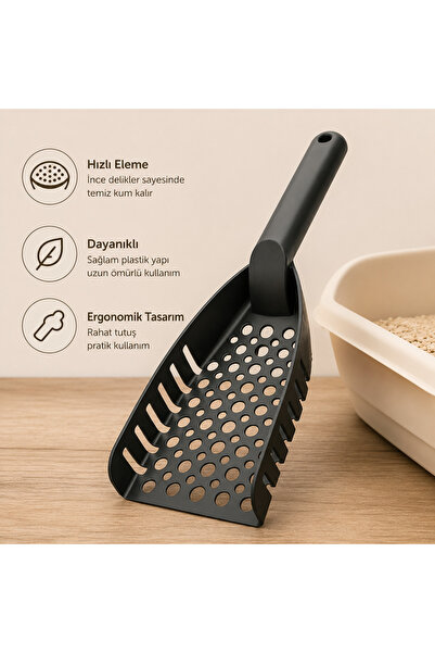 Kedi Kumu Küreği Ergonomik İos Plastik Kedi Kum Eleği Dayanıklı Kedi Tuvalet Temizleme Küreği Siyah