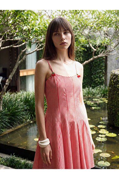 LC Waikiki Lcw Comfort Red Plaid Rope Strap Peplum Mini Dress