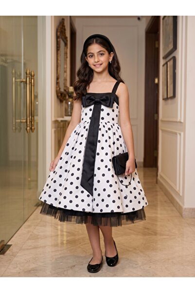 Generic Girls' Dress Luxurious Polka Dot Evening Gown with Bow Front - Classi...