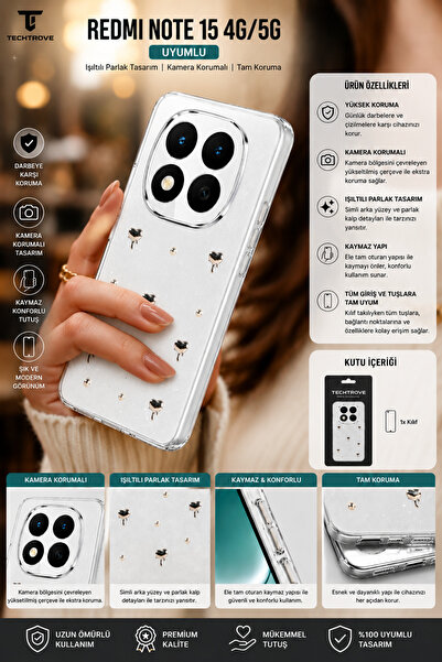 TechTrove Redmi Note 15 4G/5G Uyumlu Şeffaf ve Simli Darbe Emici Kamera Korum...