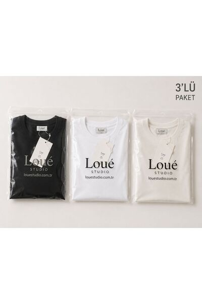 LOUE STUDİO Bisiklet Yaka Pamuklu Basic 3'lü Paket (Siyah ,Beyaz,Ekru)