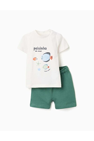 Ziddy Cotton T-shirt with fish print + shorts for baby boys, white/green