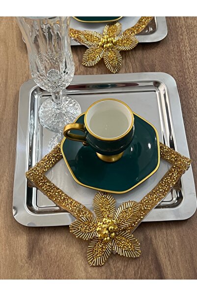 AHİR TİCARET Handmade Rose Motif Coffee Presentation-Serving Napkin 6 Pieces