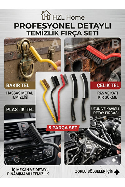 HZL HOME Profesyonel Detaylı Temizlik Fırça Seti - 5 Parça Tel Ve Plastik Fır...