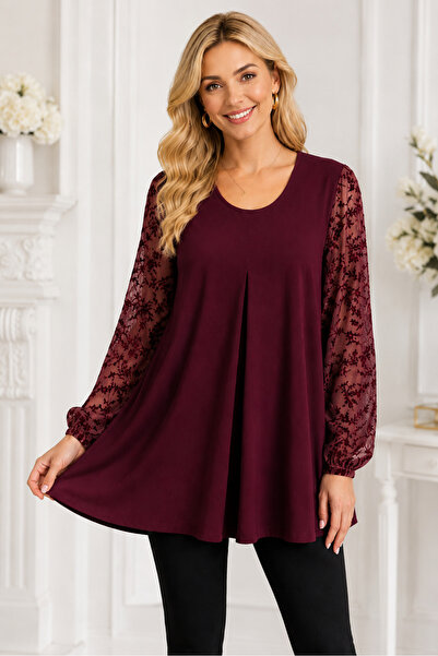 HELVEYS Women's Crew Neck Long Sleeve Tulle Sleeve Lycra Pleated Comfortable ...
