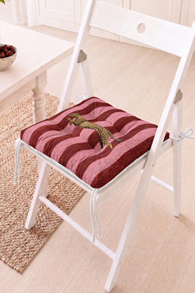 Home Çita Figürlü Bordo ve Pembe Çizgili Pofidik Sandalye Minderi - Retro Dek...