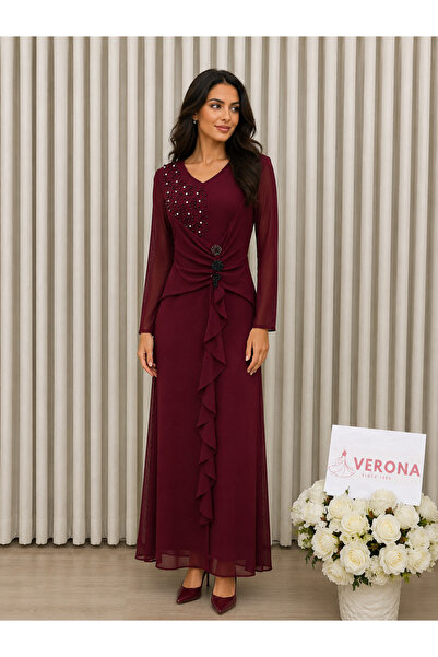 Verona Long Evening Gown with Crystal Embellishments and Front Ruffles