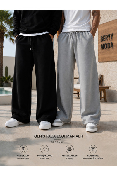 BERYY MODA Double Black Gray High Waist Wide Leg Sweatpants