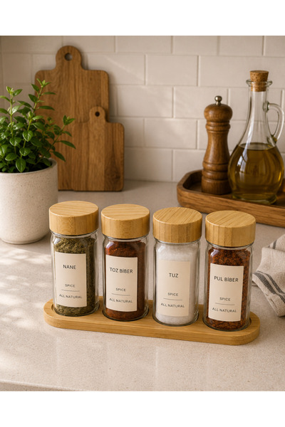 CEZVE HOME Oval Stand and Round Glass Spice Jar Set with 4 Bamboo Lids and 4 ...