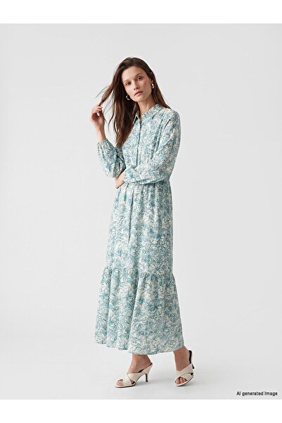 LC Waikiki Lcw Modest Green Shirt Collar Floral Waist Fit Dress