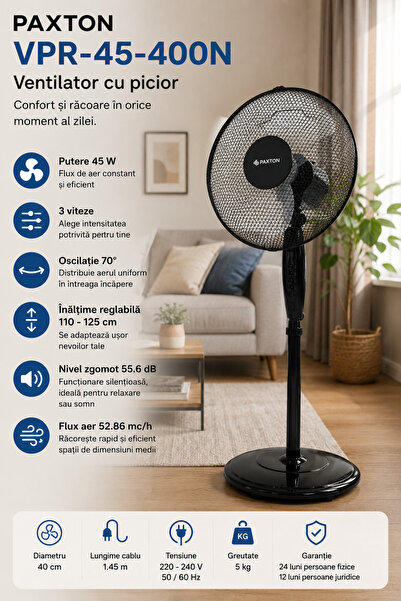 Paxton Ventilator cu picior VPR-45-400N, 45W, 40 cm, 3 viteze, oscilatie, ina...