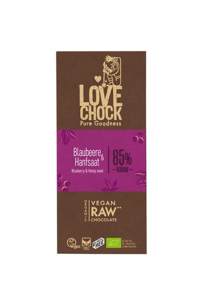 Lovechock Ciocolata raw vegana cu afine si seminte de canepa, -