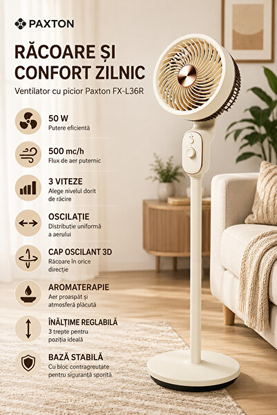Paxton Ventilator cu picior FX-L36R, 50W, 3 viteze, oscilatie 3D, aromaterapi...
