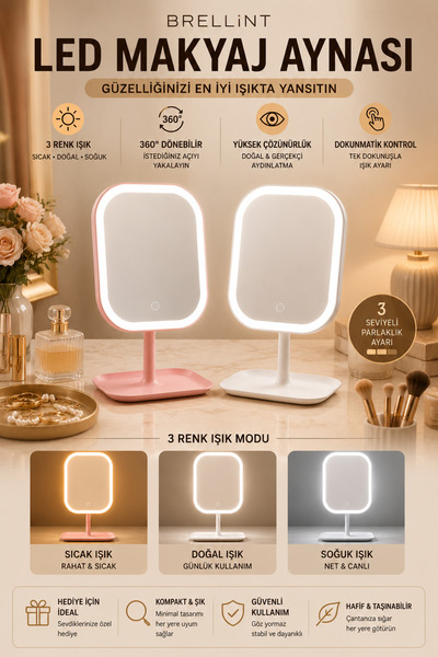 Brellint LED Işıklı USB Şarjlı Dokunmatik Makyaj Aynası 3 Renk Işık 360° Döne...