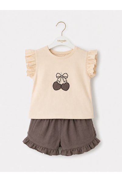 Yalçınoğlu Kids Bluză din bumbac pieptănat cu imprimeu cireșe pentru fete și set de pantaloni scurți, 2-5 ani, vară, bumbac pieptănat, set pentru fete