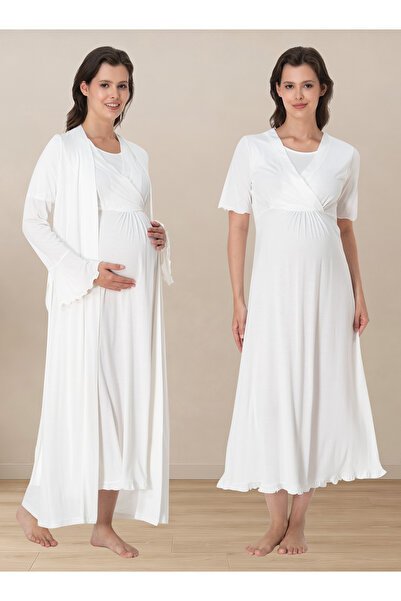 ByLohusa Cotton Maternity Nightgown and Dressing Gown Set with Nursing Featur...