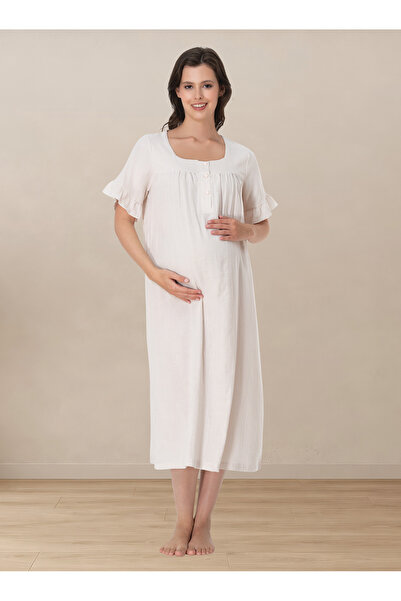 ByLohusa Short Sleeve Muslin Fabric Maternity Nightgown with Breastfeeding Fe...