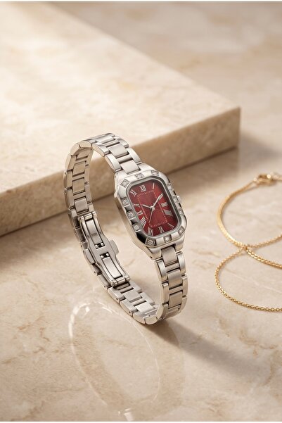 KLISHE Butik Women's Steel Watch Silver Color & Claret Red Dial Vintage Recta...