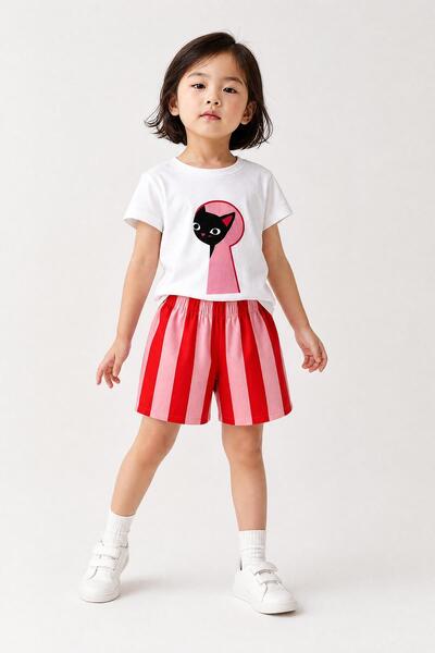 Perendi Girl's Cat Printed Striped Shorts Cotton Set
