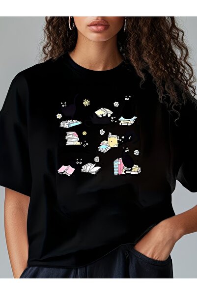 STITCHLY بلوزة نسائية بأكمام قصيرة وياقة دائرية بتصميم قطة لطيفة، تي شيرت كاج...