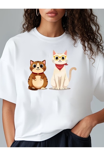NOURAM تي شيرت نسائي بأكمام قصيرة مع طباعة قطتين لطيفتين يرتدين نظارات وشالات...