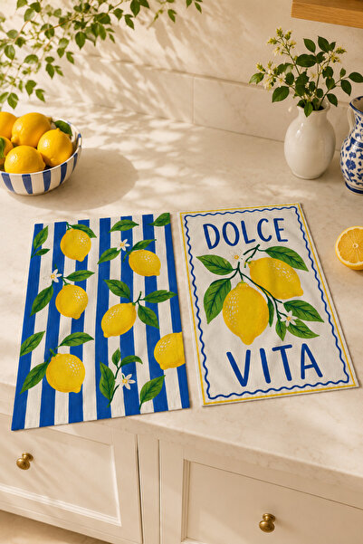 milroma Dolce Vita Lemon and Blue Striped Mediterranean Kitchen Patterned Mod...