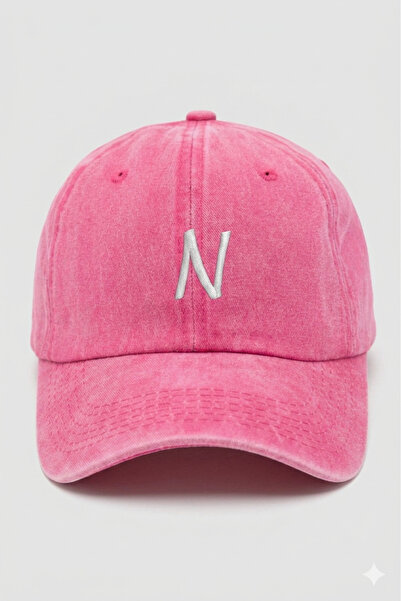 ŞapkaMania Pink Embroidered Washable Vintage Unisex Hat with Letter N