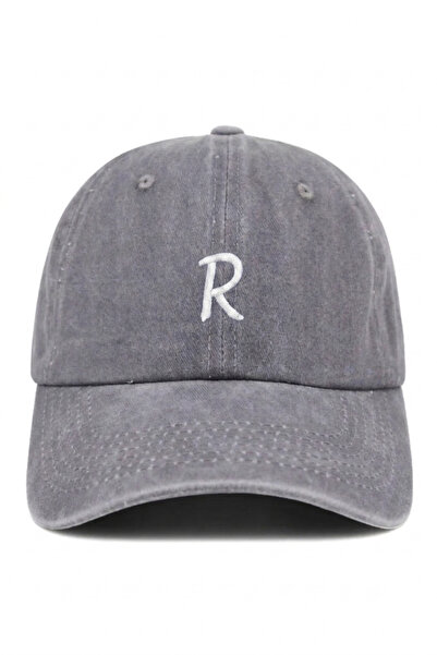 ŞapkaMania Gray Embroidered Washable Vintage Unisex Hat with Letter R