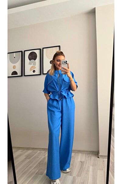 BELLA FASHION Lace-Up Short Sleeve Jacket Pants Set