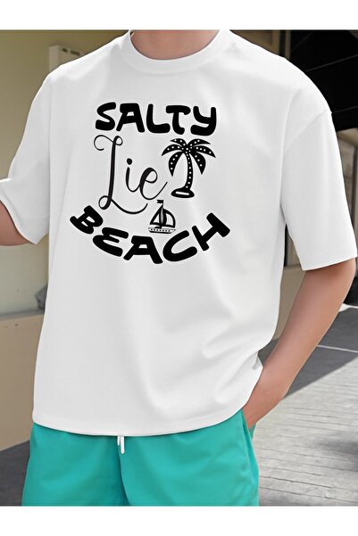 12 Teknoloji 1pc Men'S Funny Beach Graphic T-Shirt White Retro "Salty Beach" ...