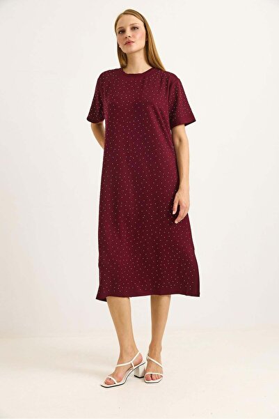 Raneel Kazançlı Alışveriş Women's short sleeve stone detailed long dress burg...
