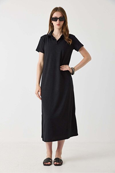 Raneel Kazançlı Alışveriş Women's Polo Collar Long Dress with Mini Slits on t...